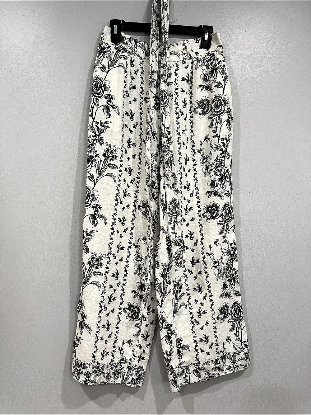 Joie Floral Wide Leg Linen Pants Elastic High Waist White Black Womens S 6 8